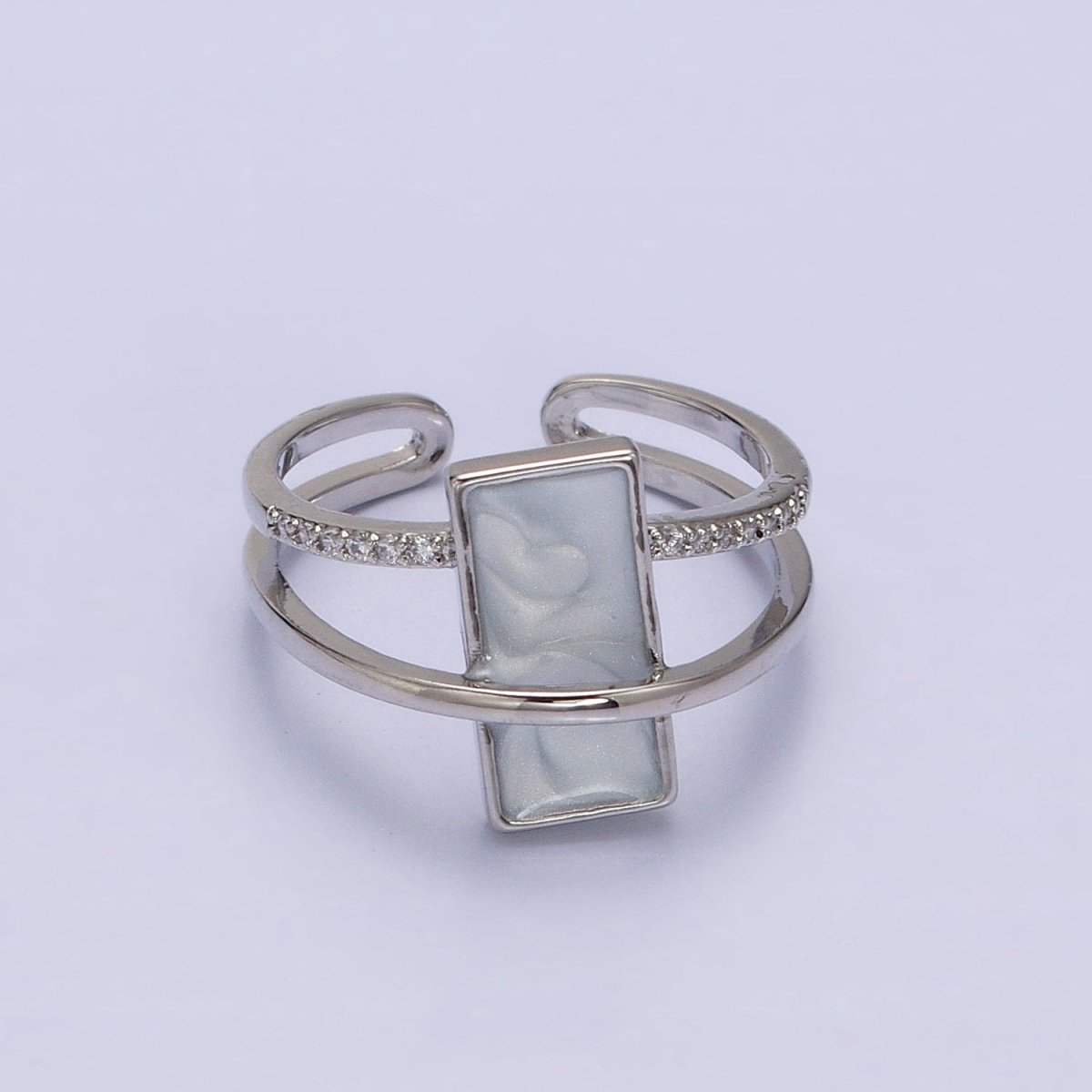 16K Gold Filled White Sparkly Enamel Bar Micro Paved CZ Double Band Ring in Gold & Silver | O-1617 O-1618