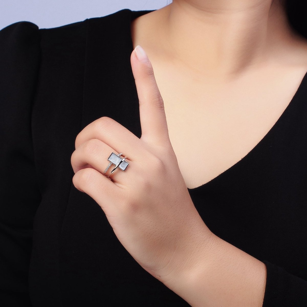 16K Gold Filled White Sparkly Enamel Bar Micro Paved CZ Double Band Ring in Gold & Silver | O-1617 O-1618