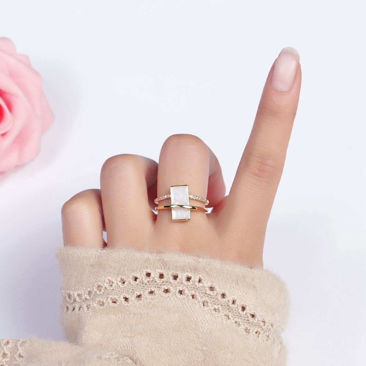 16K Gold Filled White Sparkly Enamel Bar Micro Paved CZ Double Band Ring in Gold & Silver | O-1617 O-1618