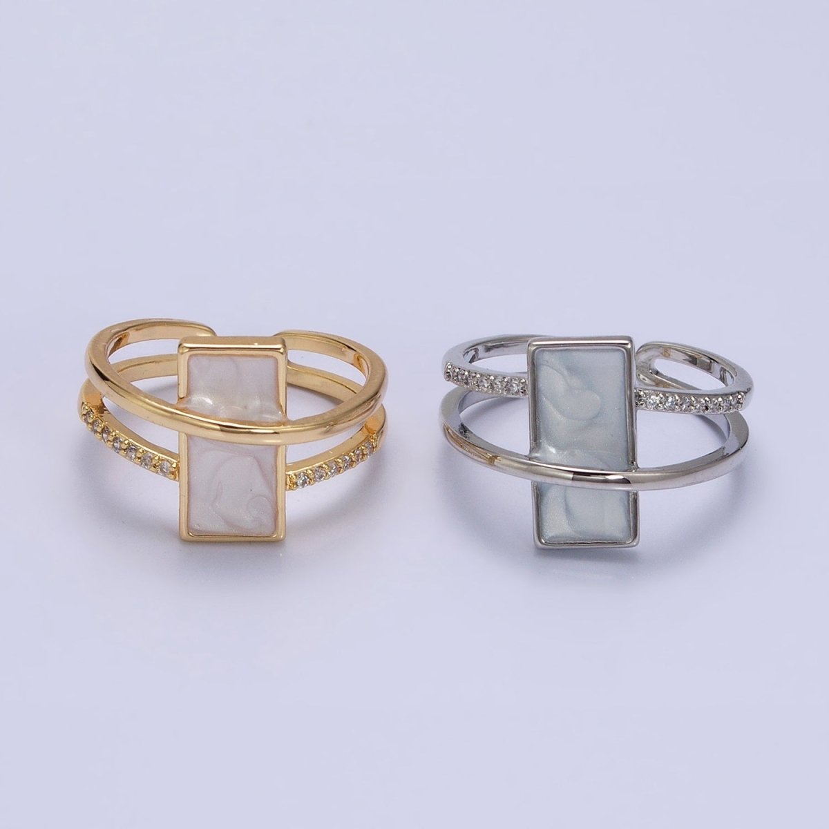 16K Gold Filled White Sparkly Enamel Bar Micro Paved CZ Double Band Ring in Gold & Silver | O-1617 O-1618