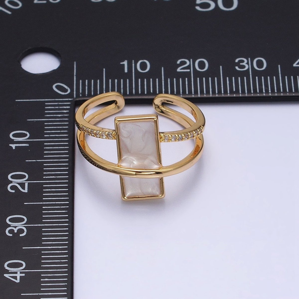 16K Gold Filled White Sparkly Enamel Bar Micro Paved CZ Double Band Ring in Gold & Silver | O-1617 O-1618