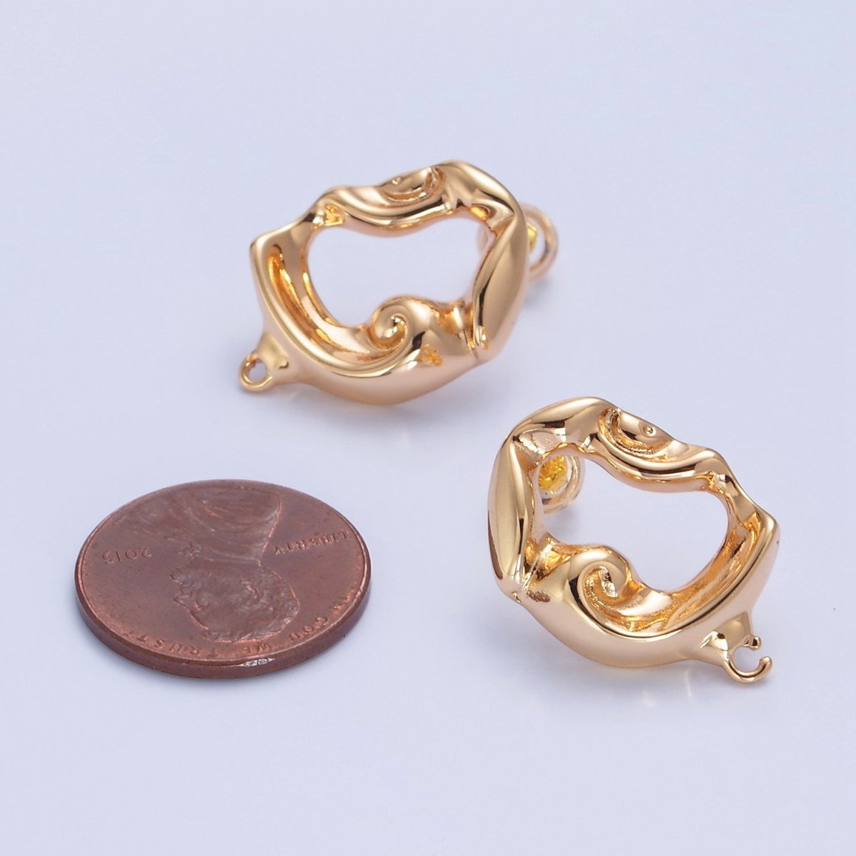 16K Gold Rustic Geometric Hammered Oval Stud Earrings with Open Link Loop, Jewelry Supply Component For Earrings Making, L-809