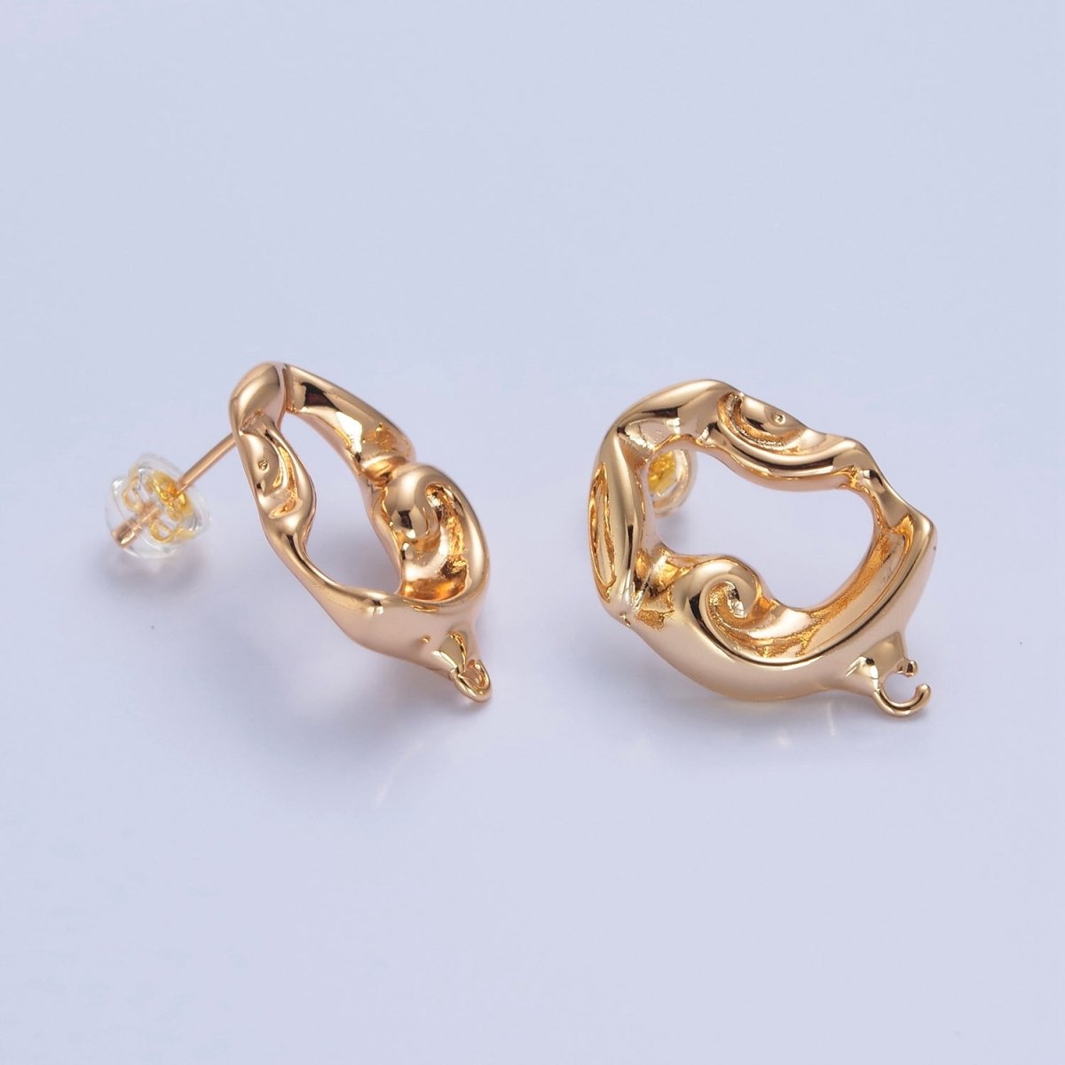 16K Gold Rustic Geometric Hammered Oval Stud Earrings with Open Link Loop, Jewelry Supply Component For Earrings Making, L-809
