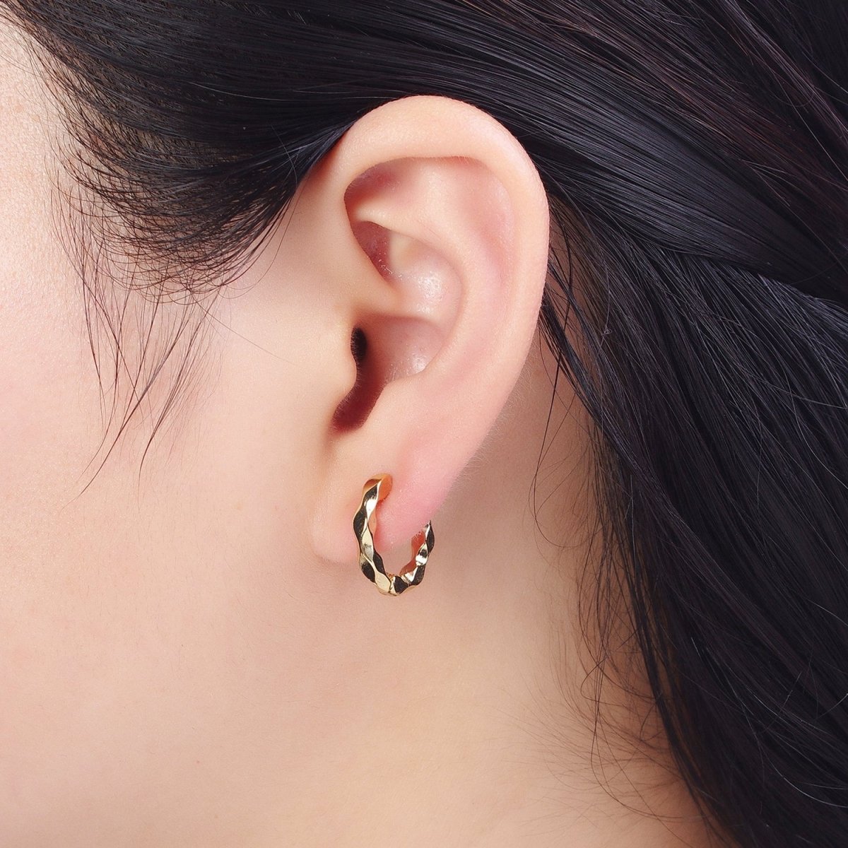 16mm Flat Twist Geometric Gold Huggie Hoops Earrings | AD-483