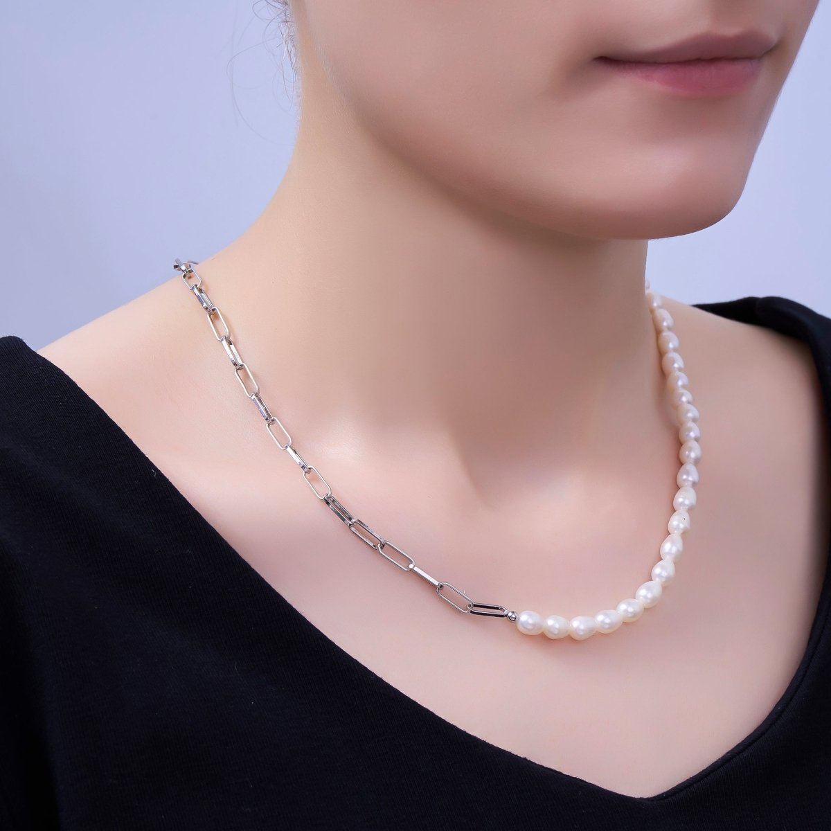 17 Inch Half Paperclip Chain, Half 5.3mm Freshwater Pearl Necklace | WA-1467 Clearance Pricing