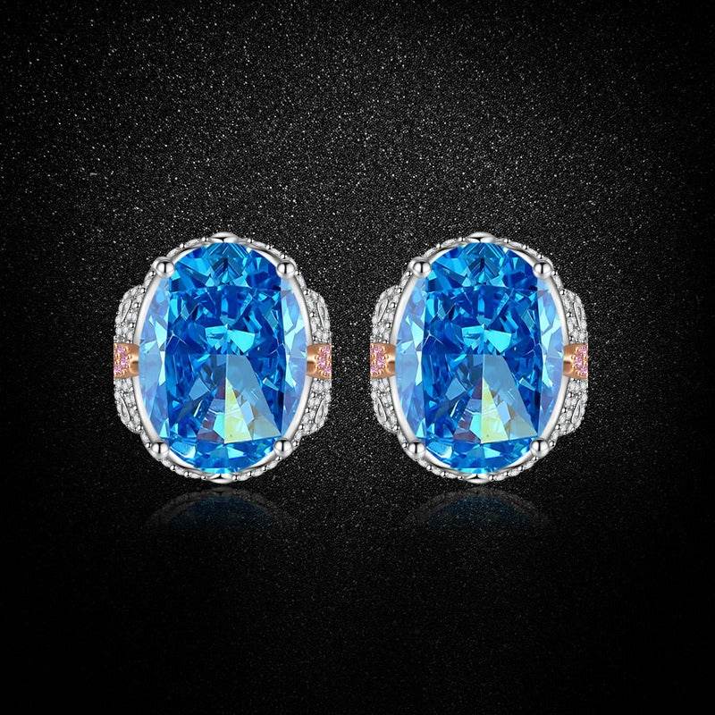 Multicolor Ice Flower Cut Oval CZ Stud Earrings, Blue & Green 7*9mm 8A Cubic Zirconia, S925 Silver Needle, Two-Tone Pave CZ Halo, Dainty Luxe