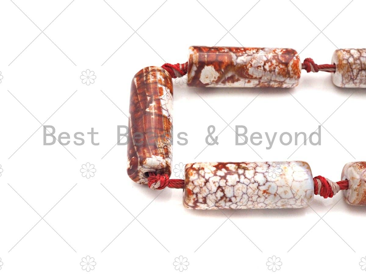 Natural Red White Agate Cylinder Spacer Beads, Tibetan Agate Spacer Beads, Tibetan Dzi Beads, 10x30mm, Sku#U1016