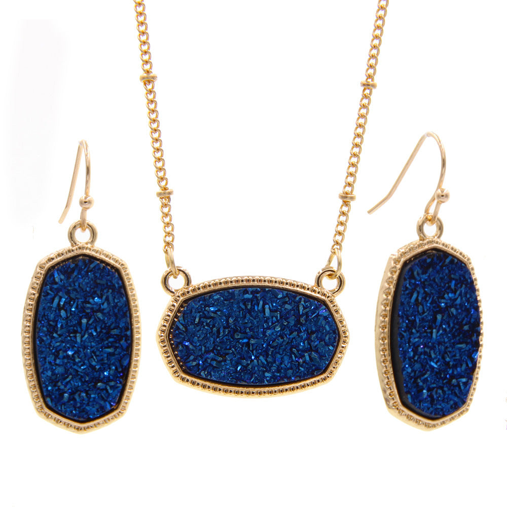 Gold Imitation Vug Gem Oval Clavicle Chain Jewelry Set