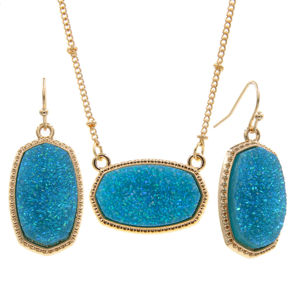 Gold Imitation Vug Gem Oval Clavicle Chain Jewelry Set