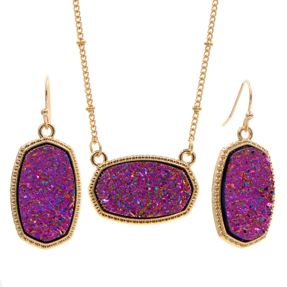 Gold Imitation Vug Gem Oval Clavicle Chain Jewelry Set