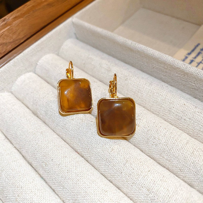 Vintage Brown Resin Round Stud Earrings, Maillard Style Silver Texture Geometric Earrings, Retro Luxury Fashion Jewelry For Women, Gift For Her