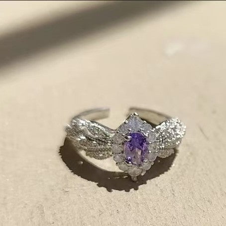 Light Purple Zircon Open Ring, Luxury Elegant Adjustable Band For Women