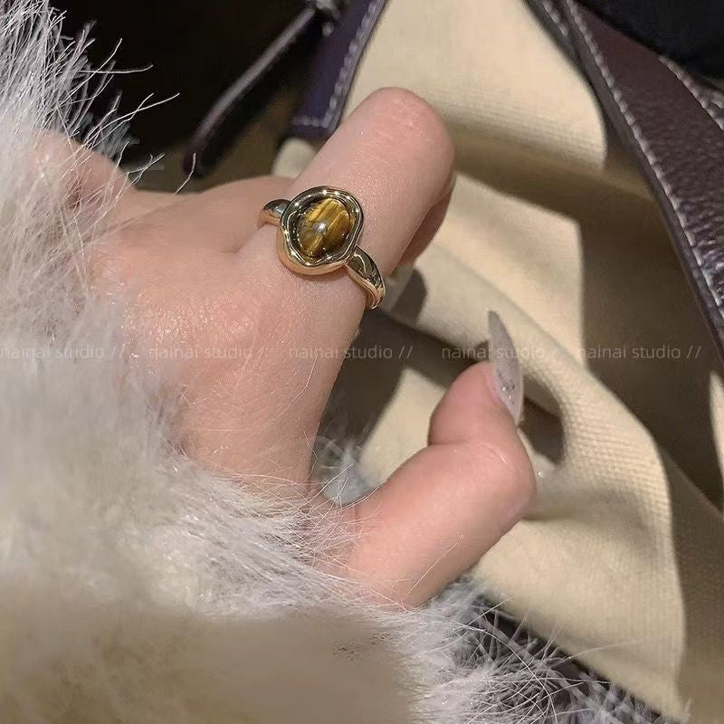 Vintage Tiger Eye Open Ring For Women, Maillard Retro Niche Design High-End Index Finger Ring