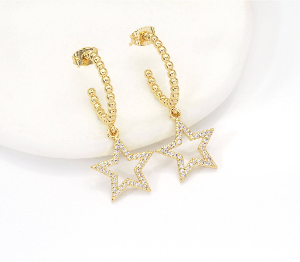 CZ Gold Five Point Star Earrings, Sku#LD363