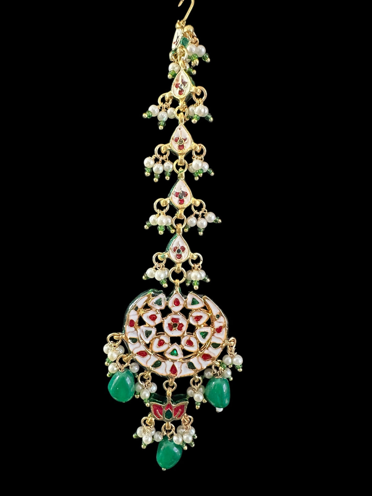 DJET78 Irina earrings tika set in kundan with green beads ( READY TO SHIP )