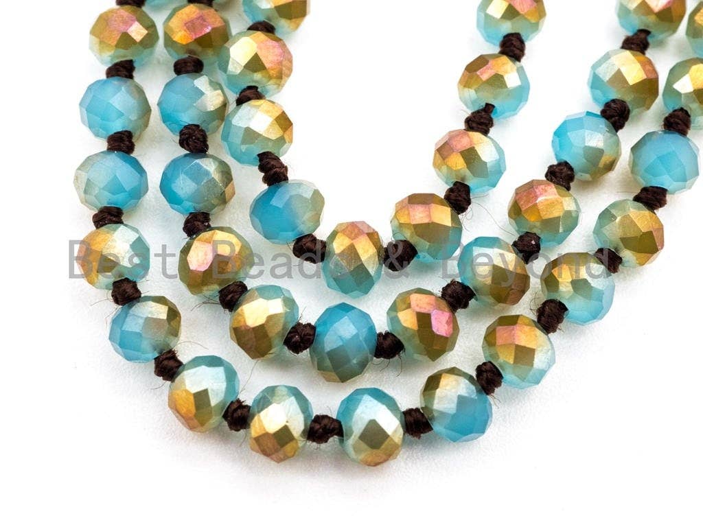 60/36 Long Hand Knotted Blue Gold Color Crystal Necklace, Double Wrap Necklace, Turquoise Color 4mm/8mm Rondelle Crystal Beads, SKU#D19