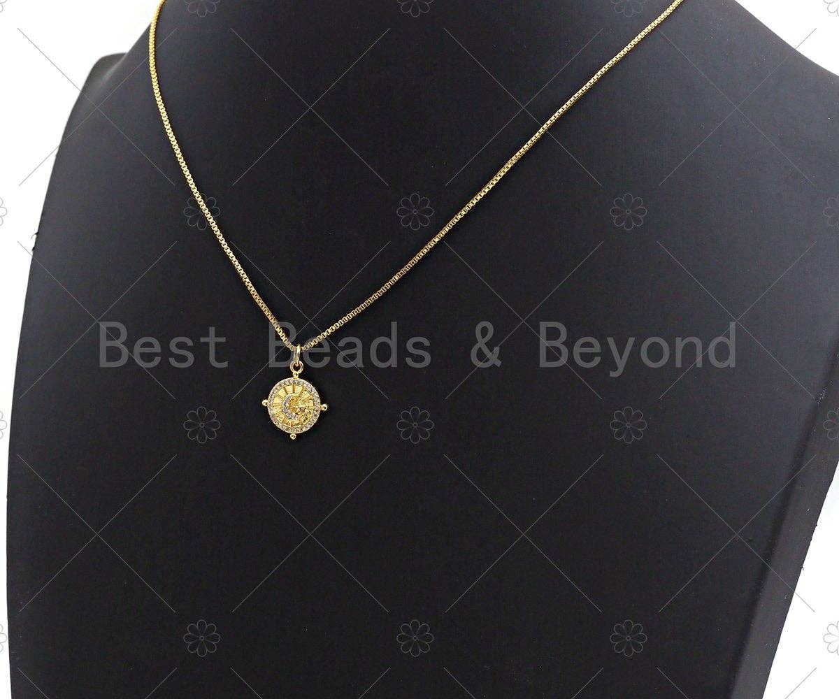 18K Gold CZ Micro Pave Star Moon Swirl Patten Charm, Dainty Gold Coin Charm, 15mm, Z1139