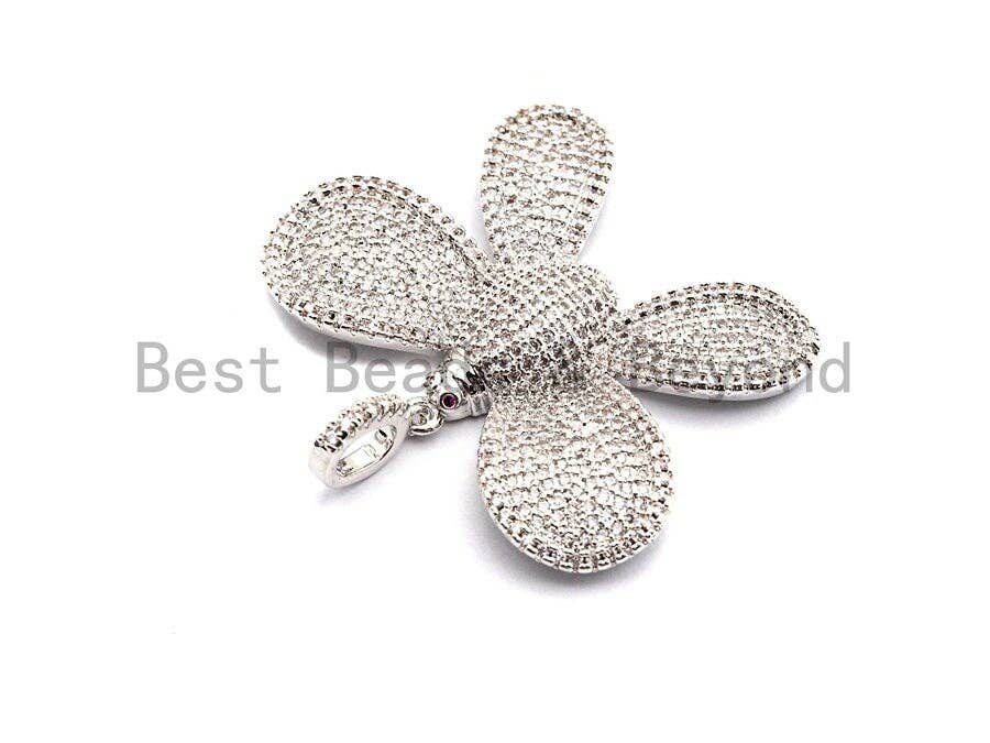 CZ Clear/Black Micro Pave Butterfly Flower Pendant, Cz Pave Pendant, Gold/Rose Gold/Silver/Gunmetal plated, 29x39mm, Sku#F773