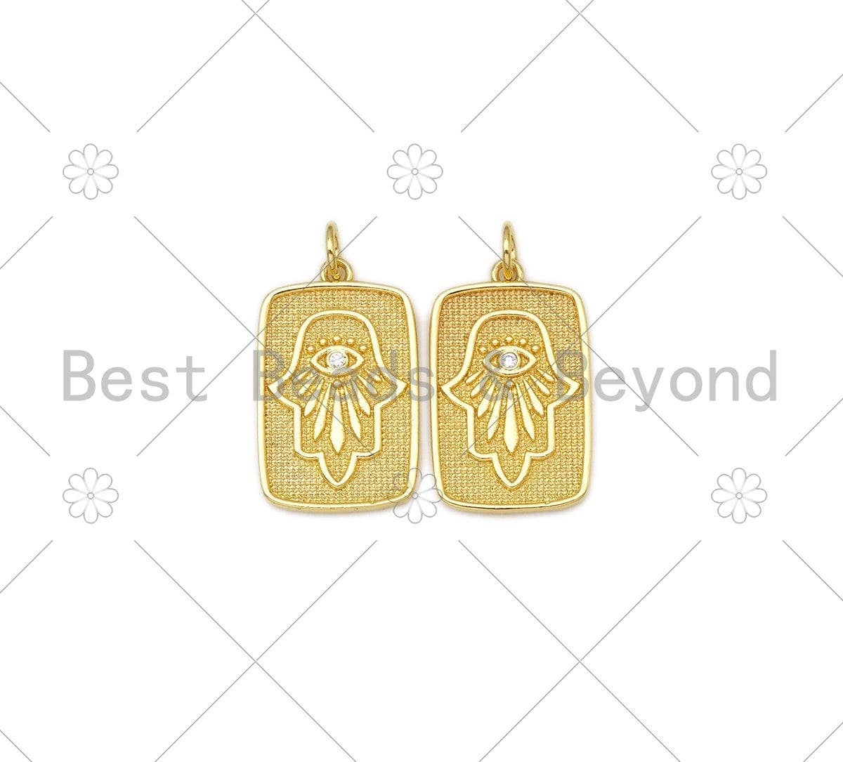 CZ Micro Pave Evil Eye Hamsa Hand On Rectangle Shape Pendant