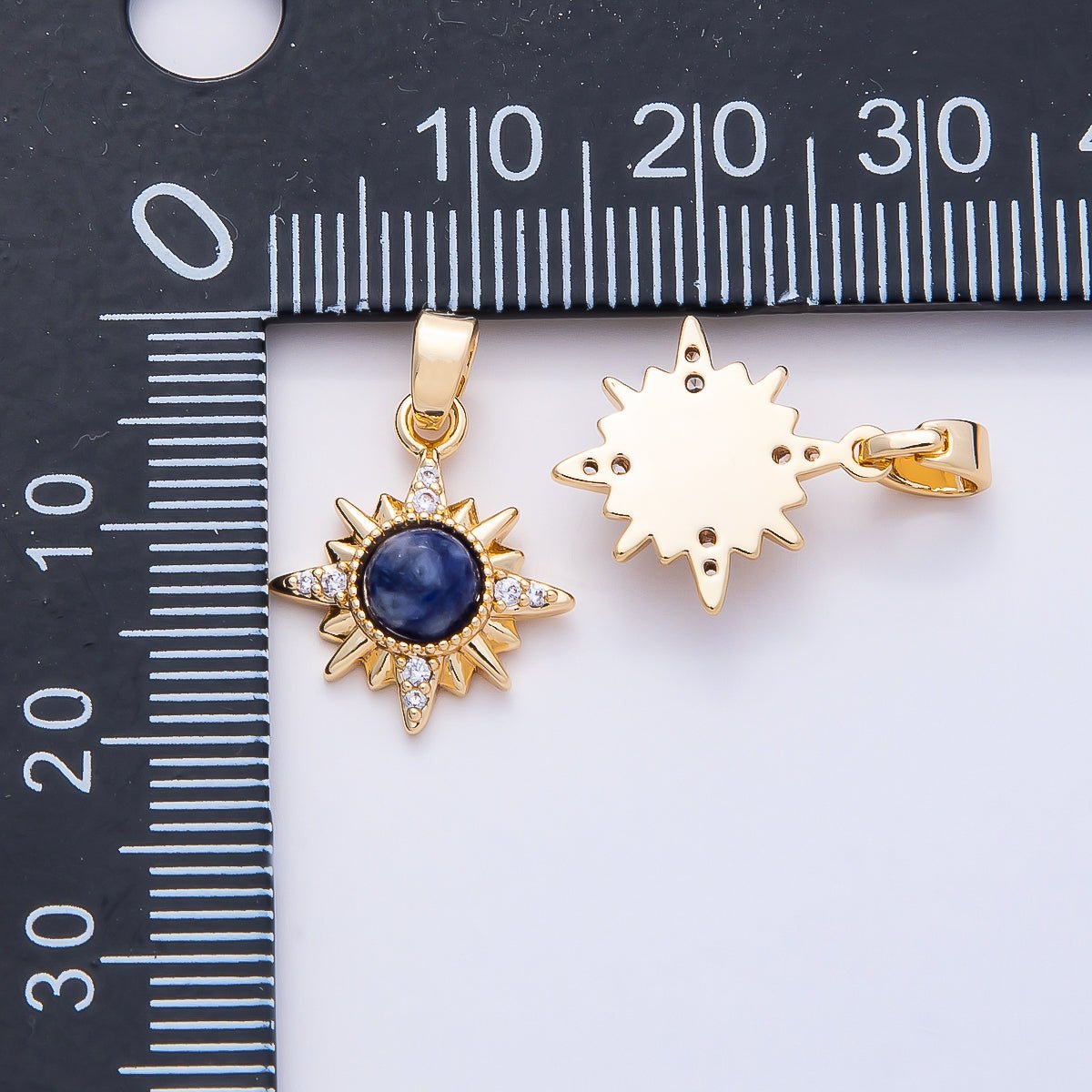 18K Gold Filled 16mm Blue Lapis Lazuli Gemstone Celestial Star Sun Pendant | Charms-00756