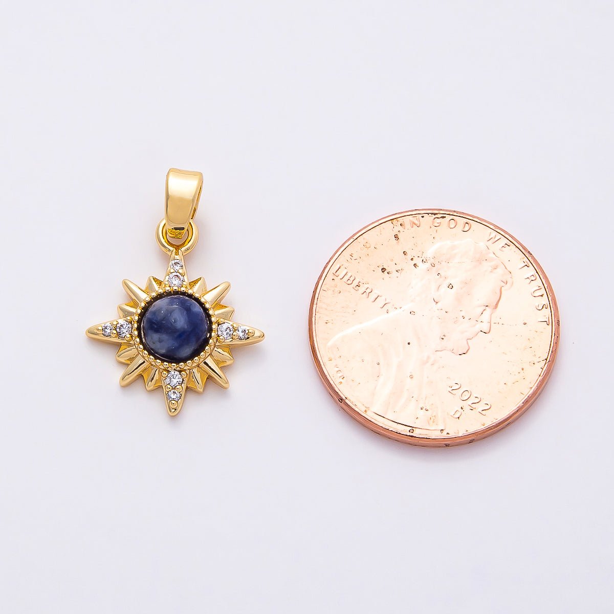 18K Gold Filled 16mm Blue Lapis Lazuli Gemstone Celestial Star Sun Pendant | Charms-00756