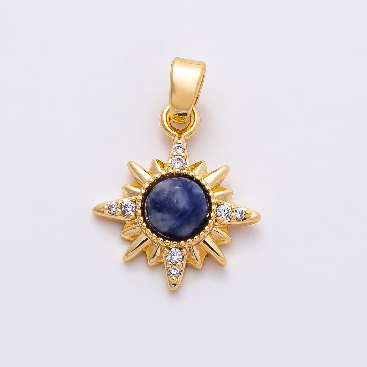 18K Gold Filled 16mm Blue Lapis Lazuli Gemstone Celestial Star Sun Pendant | Charms-00756