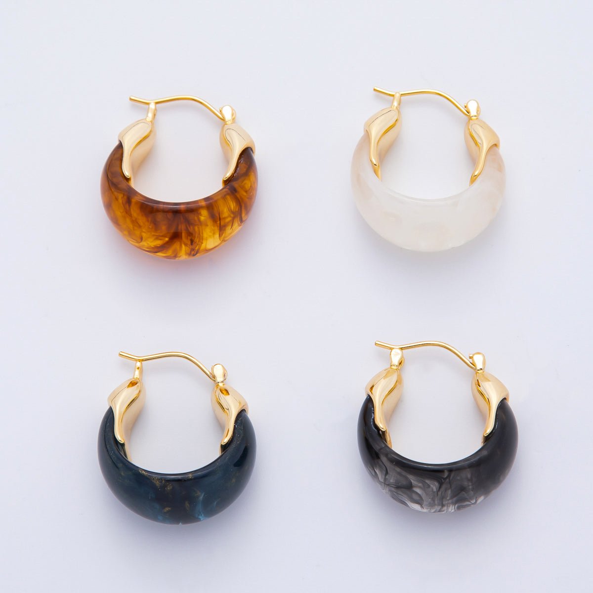 18K Gold Filled 25mm Brown, White, Blue, Black Resin Molten Gold Latch Hoops Earrings | AJ261 - AJ264