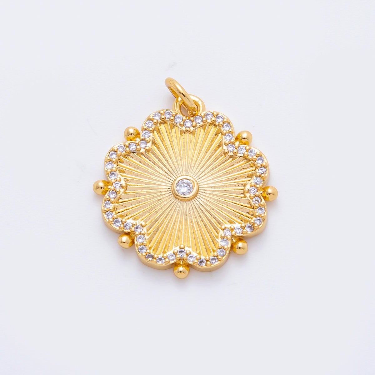 18K Gold Filled 25mm Round CZ SunBurst Bloom Clover Flower Charm | N611