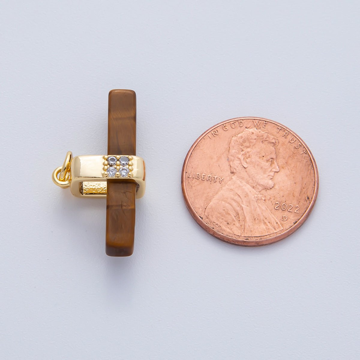 18K Gold Filled 26mm Onyx, Rose Quartz, Tiger Eye, Aventurine Gemstone Bar Micro Paved CZ Charm | AF1457 AF1458