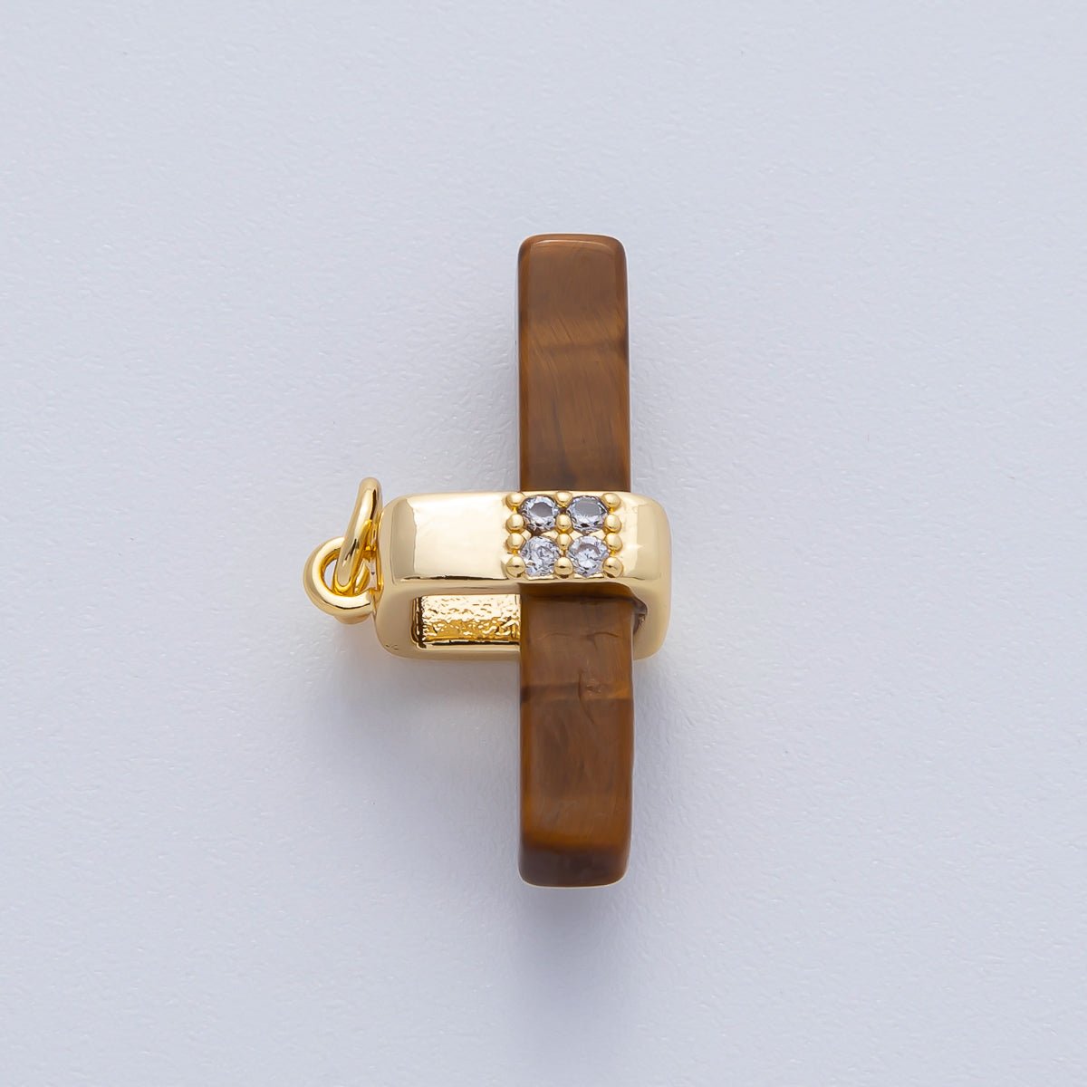 18K Gold Filled 26mm Onyx, Rose Quartz, Tiger Eye, Aventurine Gemstone Bar Micro Paved CZ Charm | AF1457 AF1458