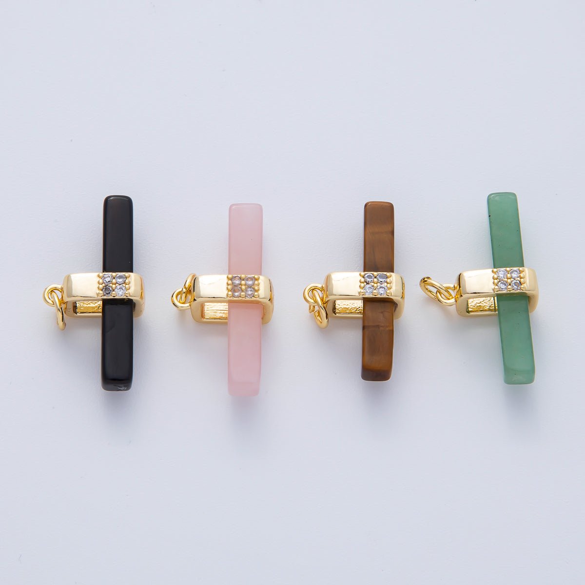 18K Gold Filled 26mm Onyx, Rose Quartz, Tiger Eye, Aventurine Gemstone Bar Micro Paved CZ Charm | AF1457 AF1458