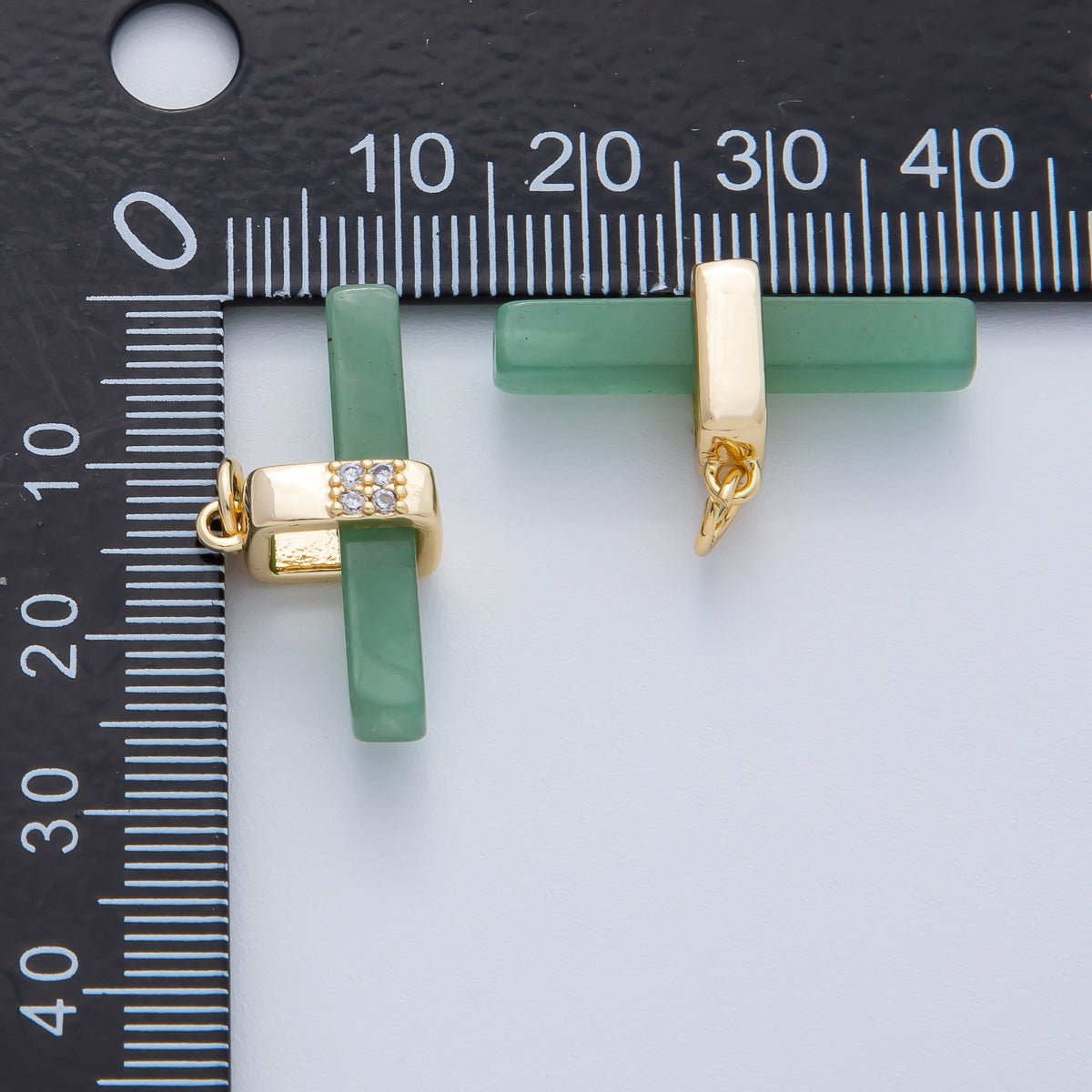 18K Gold Filled 26mm Onyx, Rose Quartz, Tiger Eye, Aventurine Gemstone Bar Micro Paved CZ Charm | AF1457 AF1458