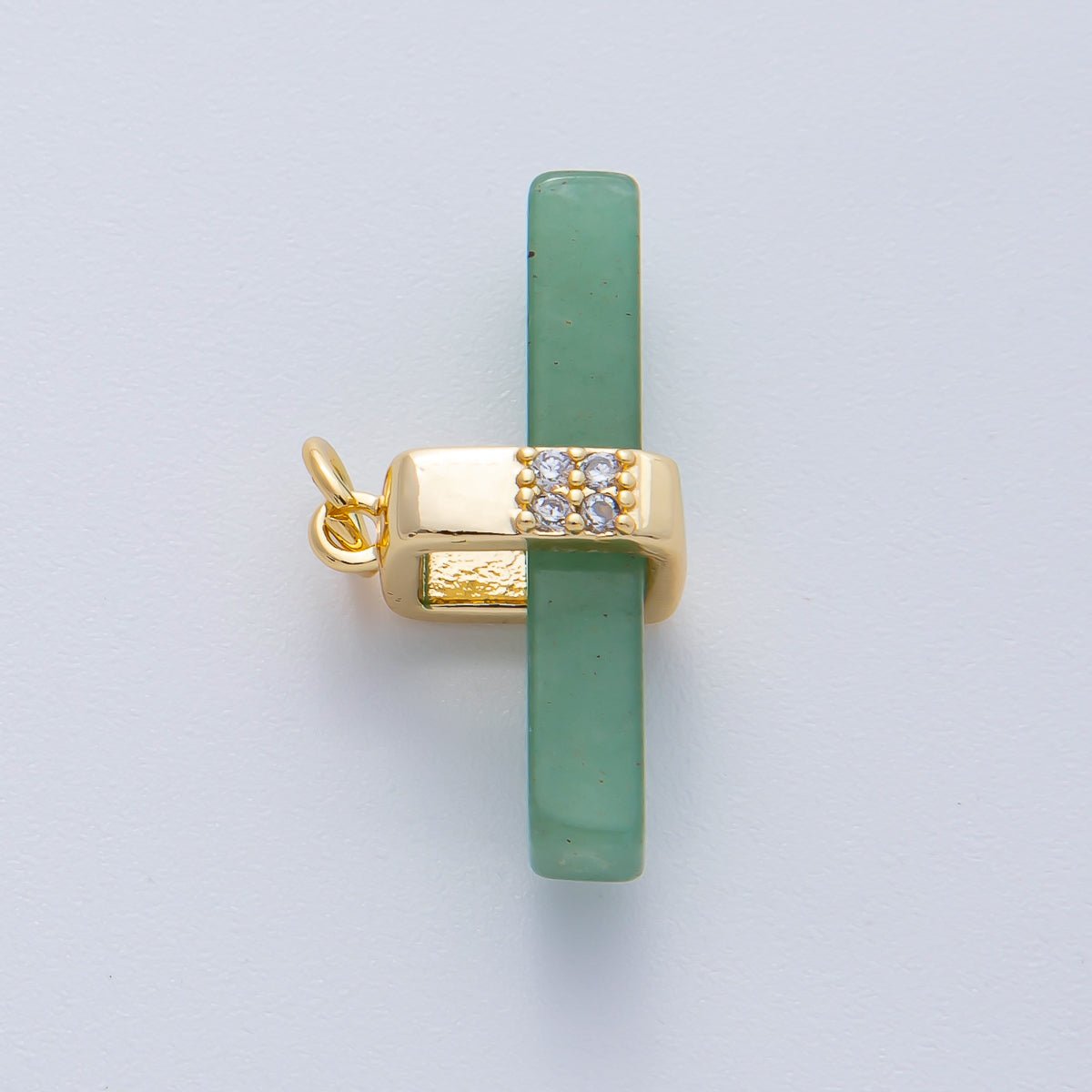 18K Gold Filled 26mm Onyx, Rose Quartz, Tiger Eye, Aventurine Gemstone Bar Micro Paved CZ Charm | AF1457 AF1458