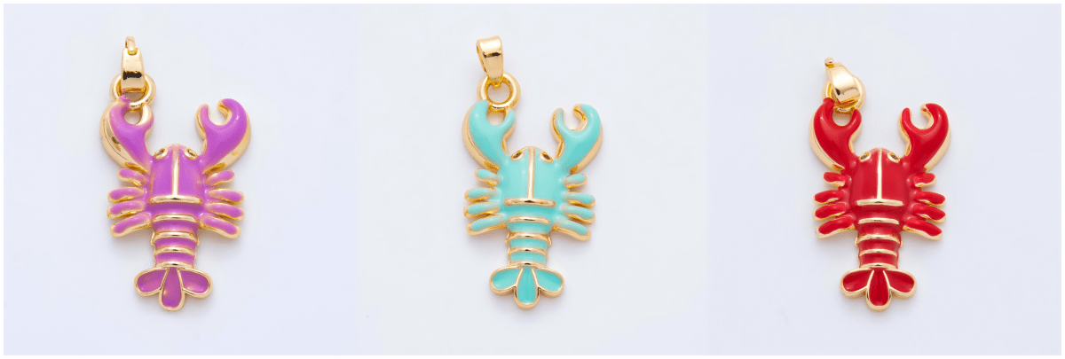 18K Gold Filled 31.5mm Red, Green, Purple Enamel Crustacean Crawfish Sea Lobster Pendant | AH793 AH794