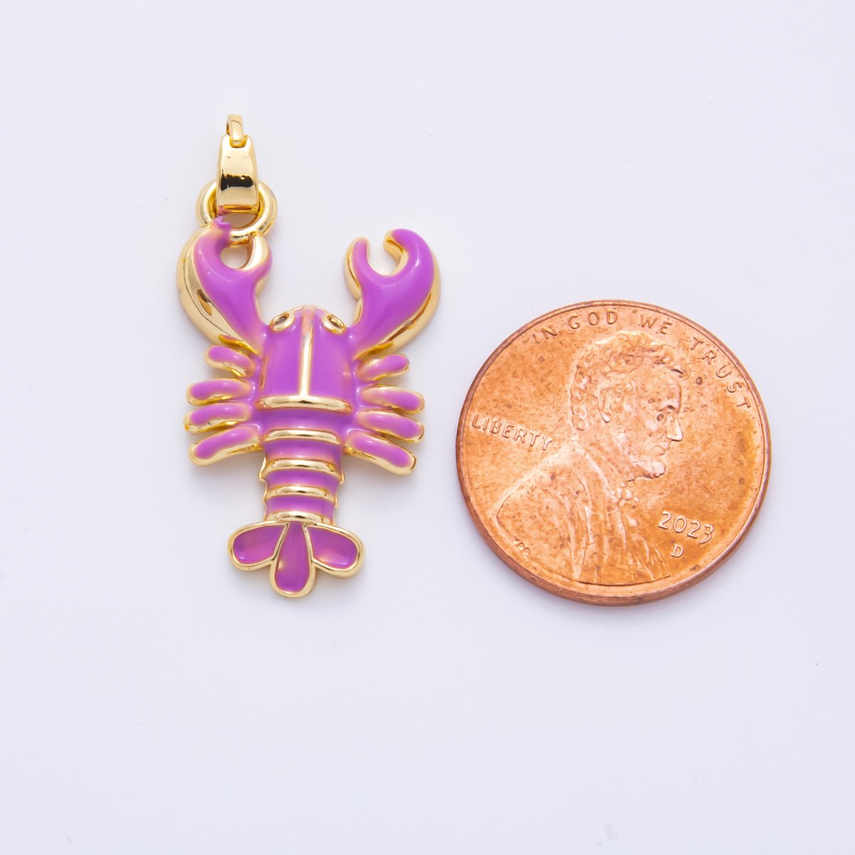 18K Gold Filled 31.5mm Red, Green, Purple Enamel Crustacean Crawfish Sea Lobster Pendant | AH793 AH794