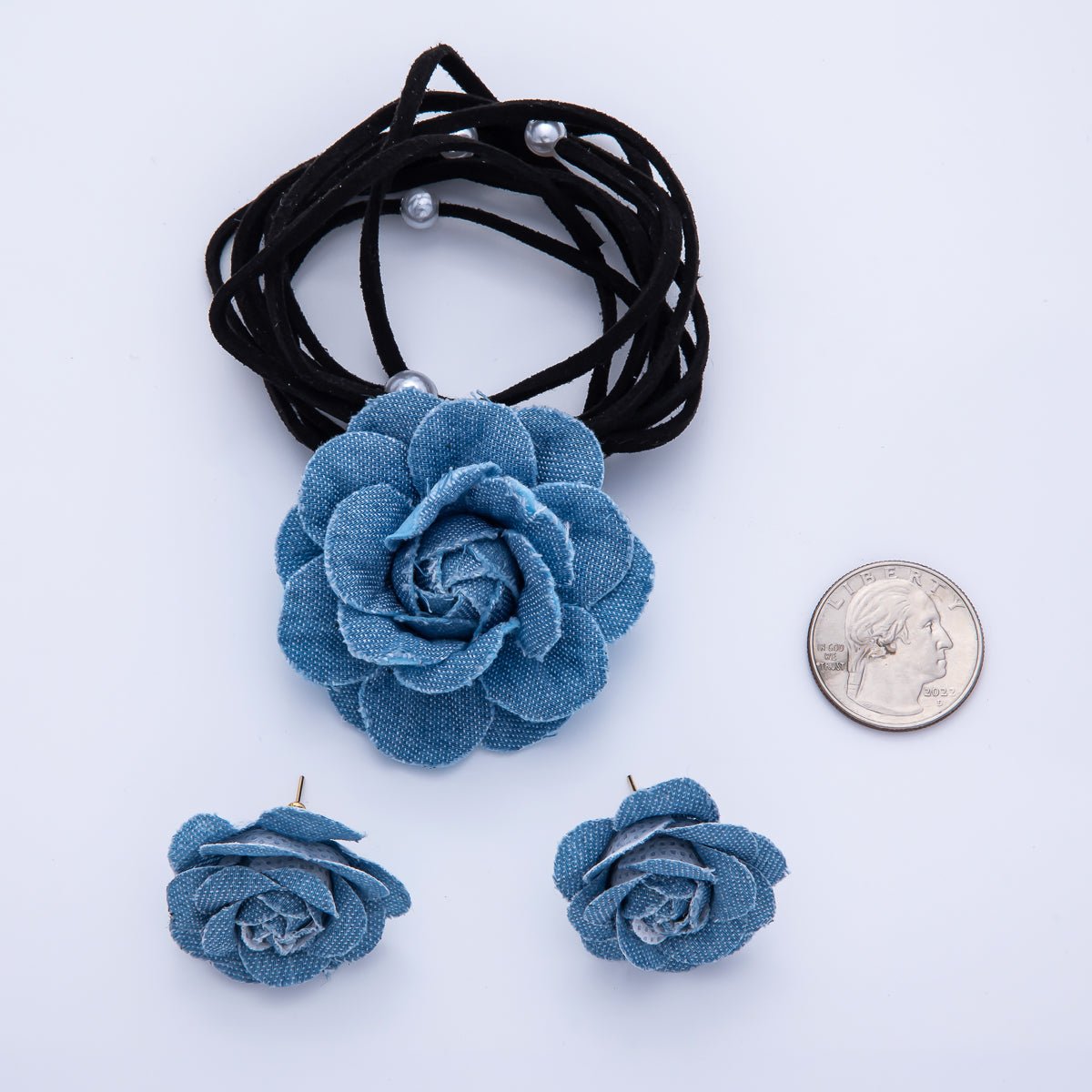 18K Gold Filled 31mm Blue Denim Jeans Rose Flower Stud Earrings | Earrings-00187