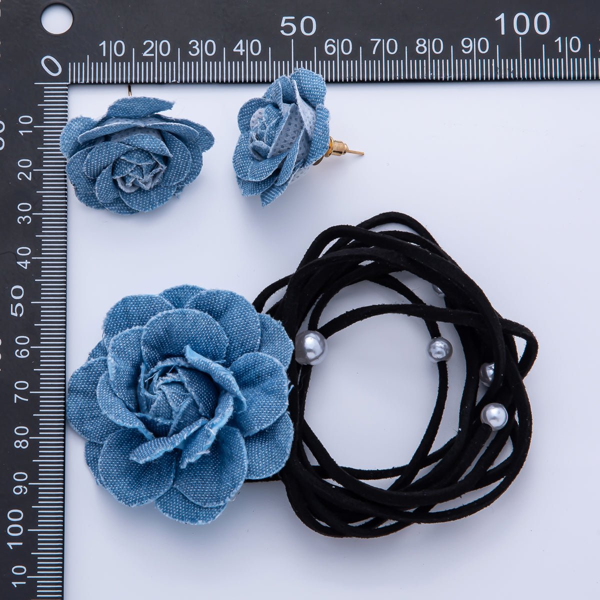 18K Gold Filled 31mm Blue Denim Jeans Rose Flower Stud Earrings | Earrings-00187