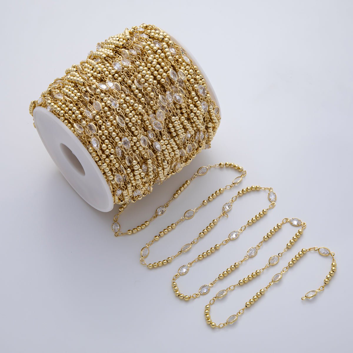 18K Gold Filled 3mm Clear Oval CZ Bezel Bead Unfinished Chain by Yard in Gold & Silver | Roll-01776 Roll-01896