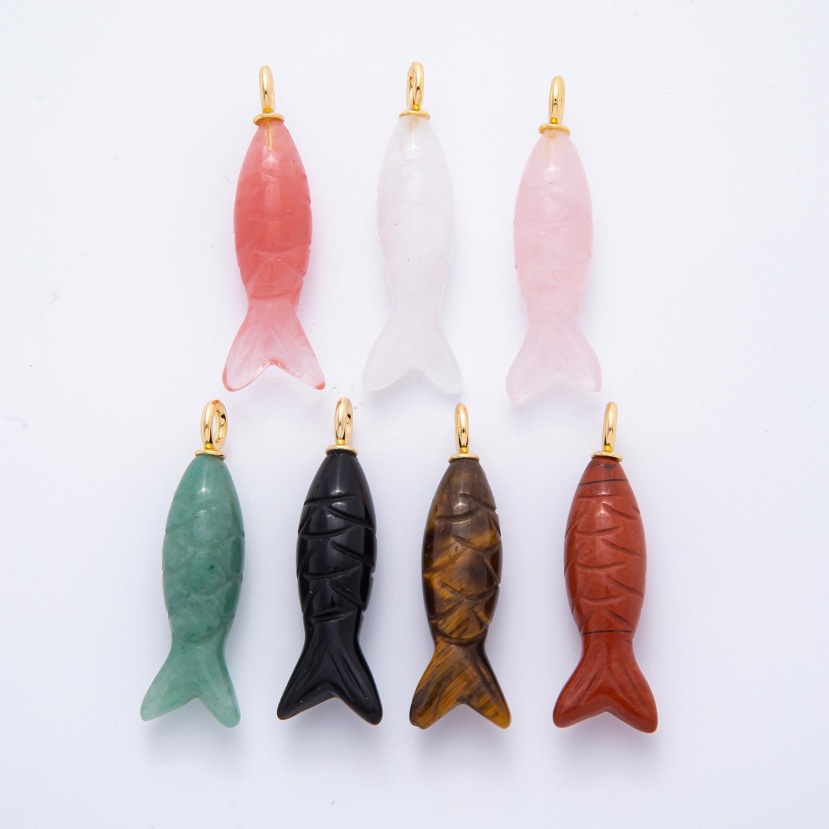 18K Gold Filled 48mm Quartz, Agate, & Tiger Eye Gemstone Sardine Fish Charm | C919 C923 C932 E008