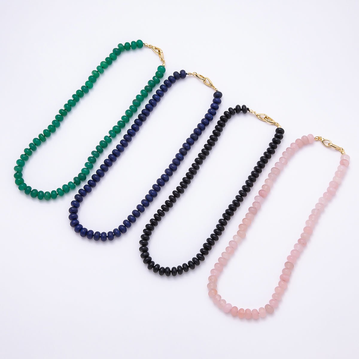 18K Gold Filled 8mm Aventurine, Onyx, Lapis Lazuli, Rose Quartz Rondelle Gemstone Chain 17 Inch Necklace w. Dual Push Gate | WA-04664 ~ WA-04667