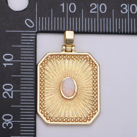 18k Gold filled Charm Geometric Bold rectangle charm w/ opal Medallion pendant, Necklace supply, Jewelry makings J-263