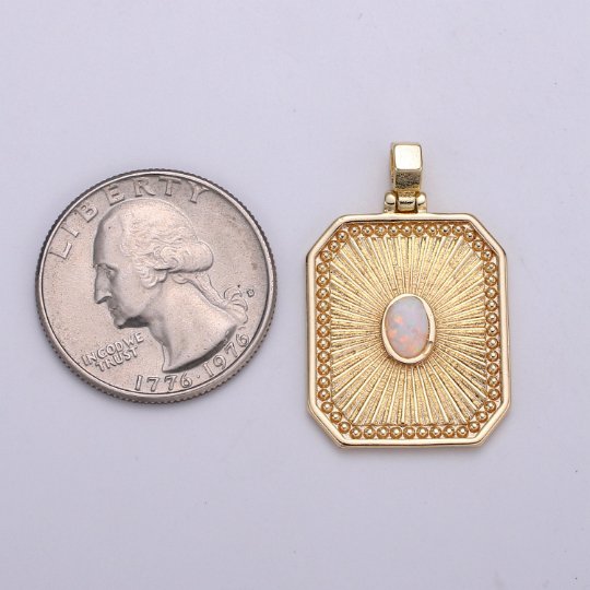 18k Gold filled Charm Geometric Bold rectangle charm w/ opal Medallion pendant, Necklace supply, Jewelry makings J-263