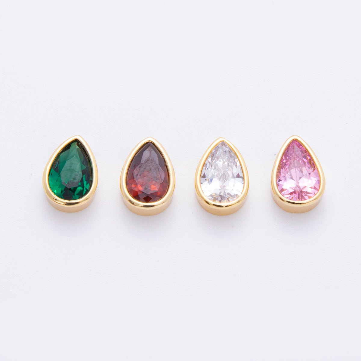 18K Gold Filled Clear, Red, Green, Pink CZ Teardrop Bezel Bead Charm | AF1032 AF1056