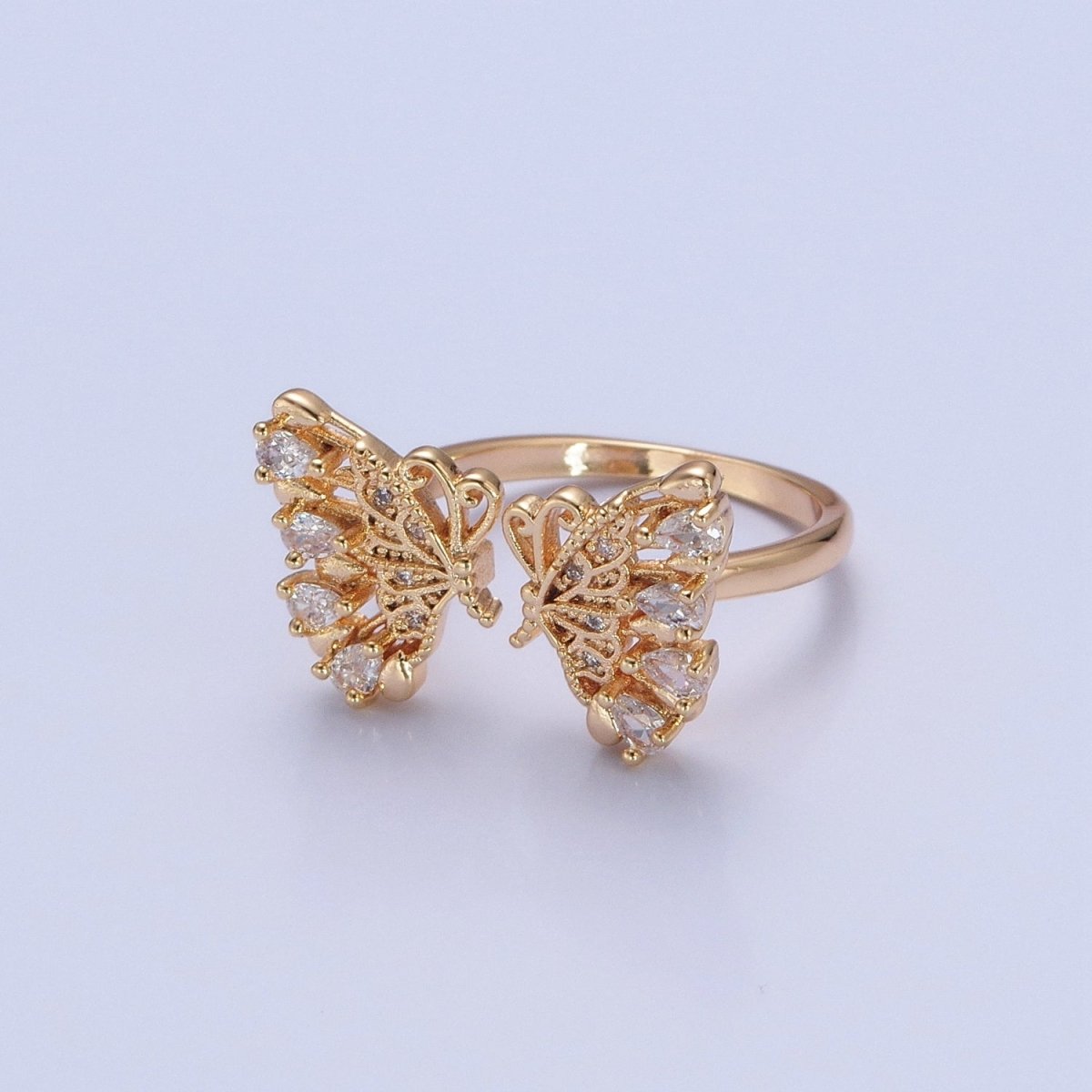 18k Gold Filled Dainty Butterfly Ring, Gold Pave Butterfly Ring, Delicate Butterfly Open Ring Adjustable Ring Big Butterfly Ring O-737
