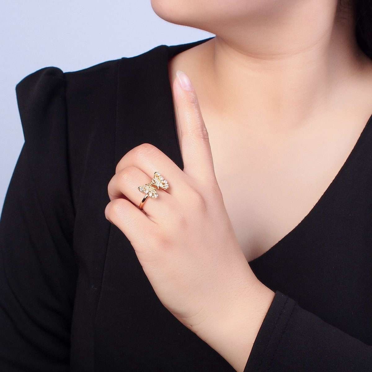 18k Gold Filled Dainty Butterfly Ring, Gold Pave Butterfly Ring, Delicate Butterfly Open Ring Adjustable Ring Big Butterfly Ring O-737