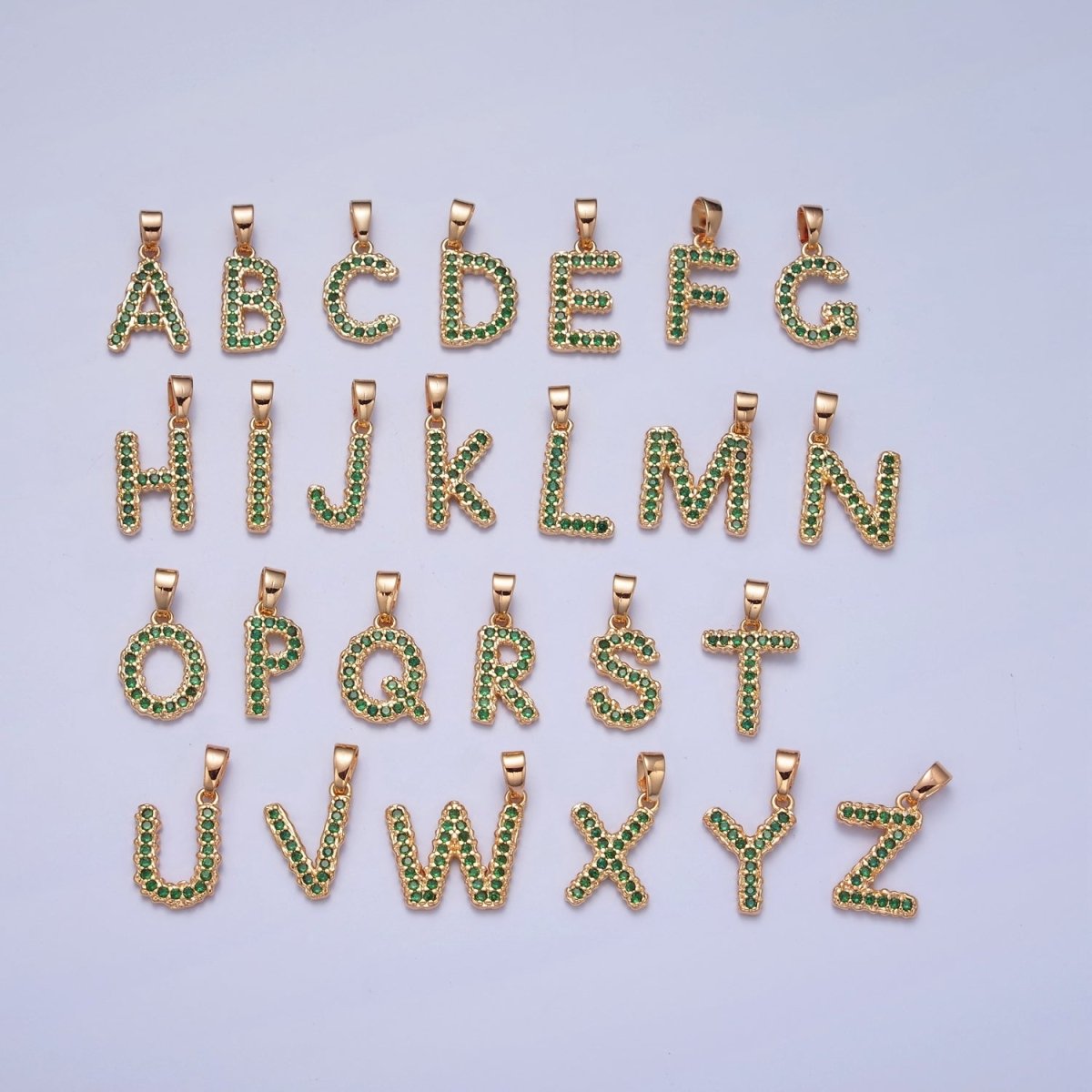 18k Gold Filled Emerald Green CZ Initial, Letter Alphabet Micro Pave charms Dainty Gold Cubic Pendant Charm for Necklace Bracelet Personalized Jewelry A-901-A-913