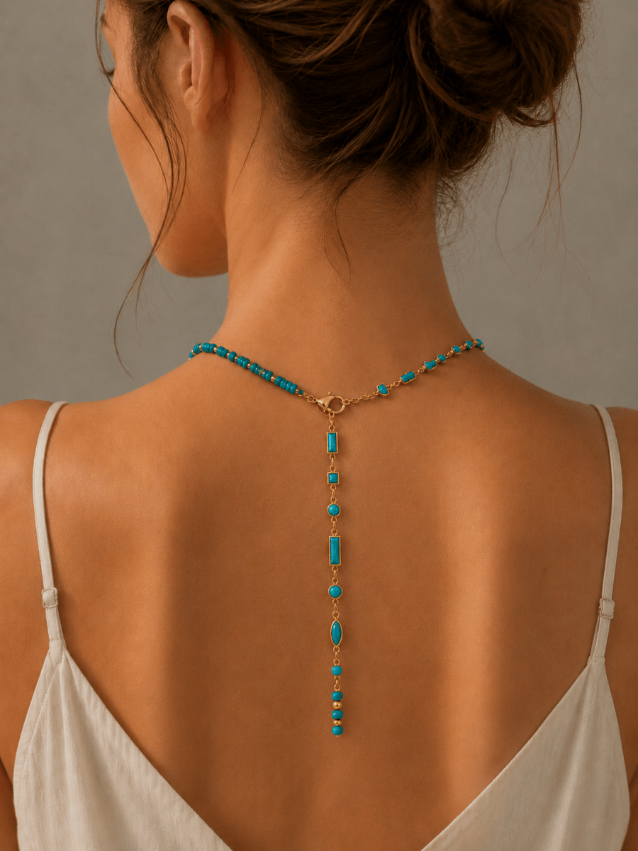 18K Gold Filled Floating Turquoise Multi Cut Rondelle Bezel Half Gemstone Lariat Chain 19 Inch Necklace | WA-01384