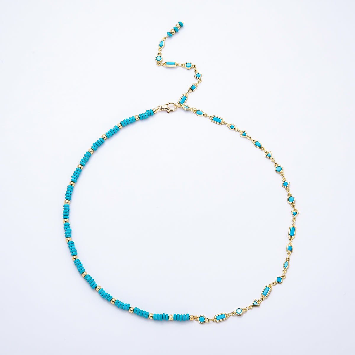 18K Gold Filled Floating Turquoise Multi Cut Rondelle Bezel Half Gemstone Lariat Chain 19 Inch Necklace | WA-01384