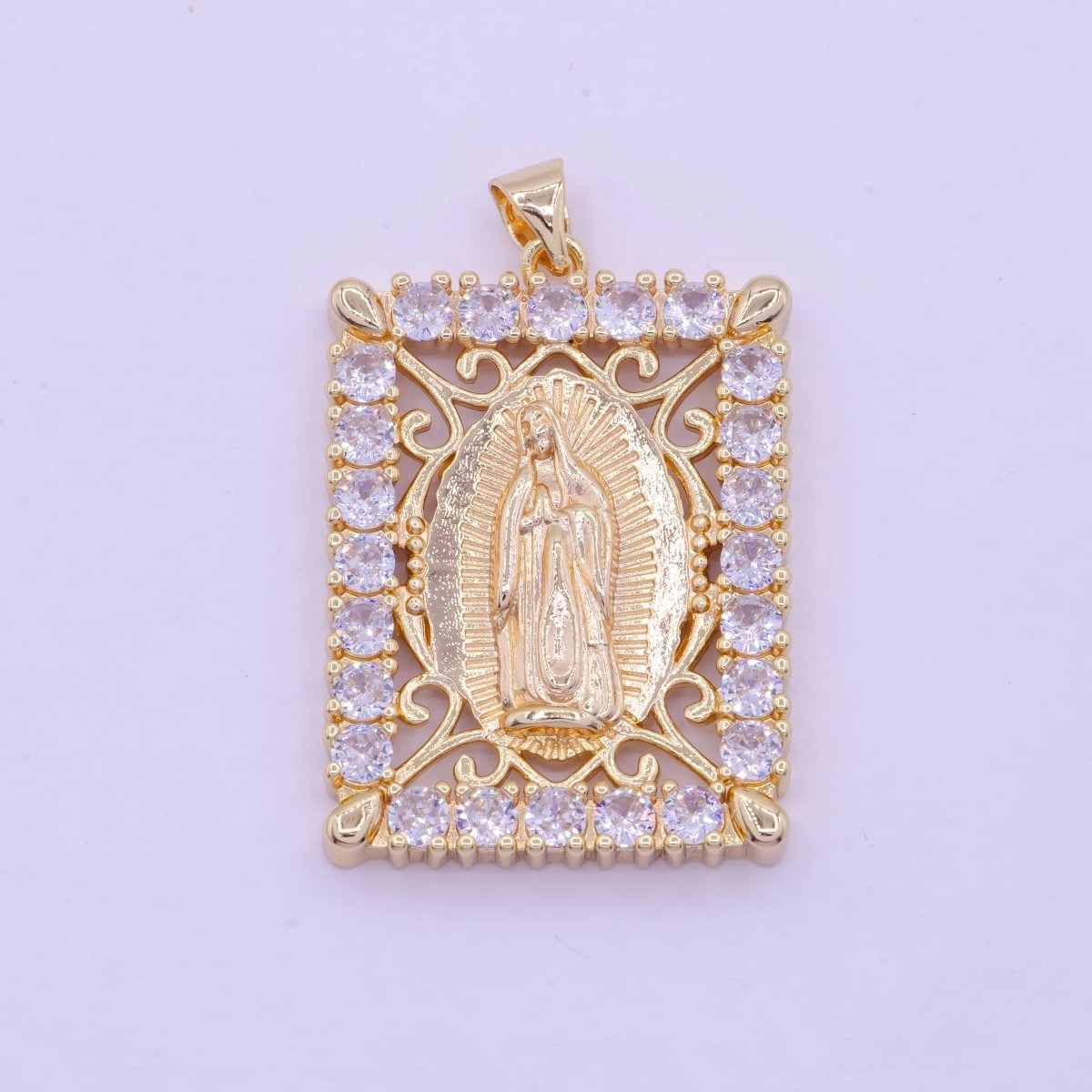18K Gold Filled Lady Guadalupe Pendant Micro Pave Medallion Virgin Mary Rectangle Tag Catholic Jewelry Pendant X-461