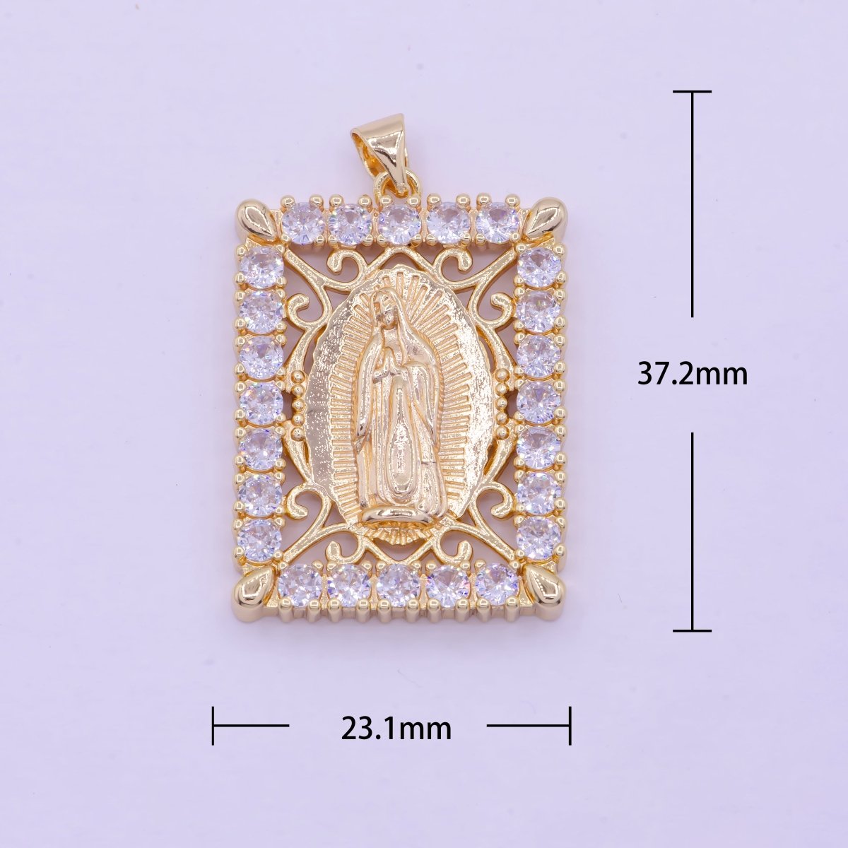 18K Gold Filled Lady Guadalupe Pendant Micro Pave Medallion Virgin Mary Rectangle Tag Catholic Jewelry Pendant X-461